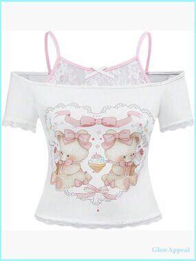 Women's Y2K Crop Top Cold Shoulder Lace Bow Graphic Tee Slim Fit Summer